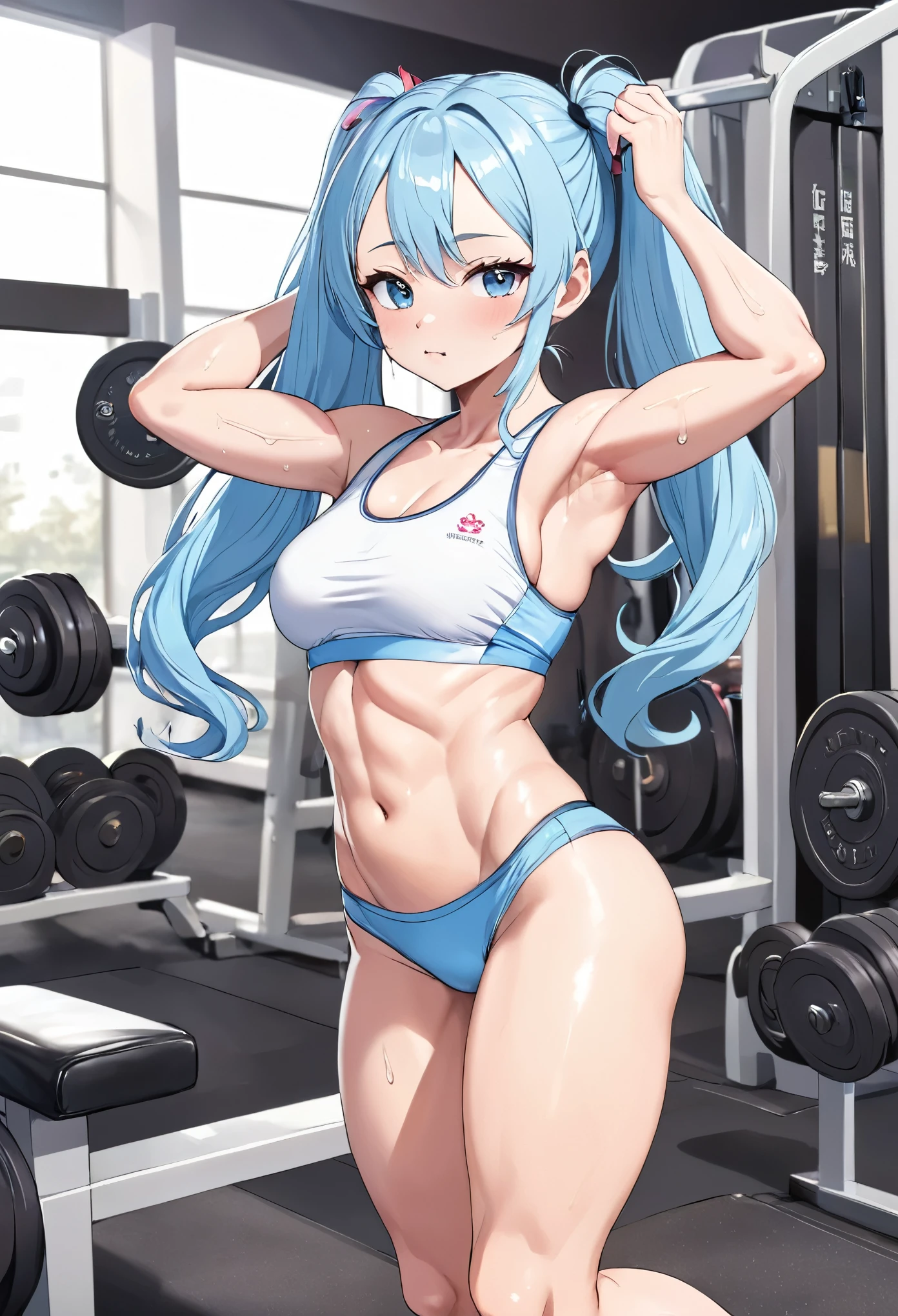 Light blue long hair、Beautiful girl with twin tails、Training in a bright gym、There are lots of training equipment、Training wear、muscleトレーニング、Full Body View、Female Bodybuilder、muscle、A look of hard work、Sweat on the forehead