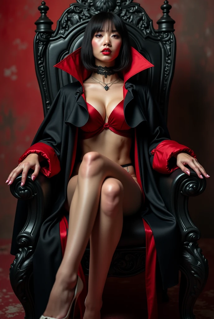 Sexy asian woman, big breasts, big hips, small midsection, big calves, large thighs, vampire, pleather, black and red cape, choker, vampire teeth, sitting in a gothic throne, legs crossed, high heels, seductive portrait, (angle, diagonal, three-point perspective, from side, from below, from front, fixed camera angle reminiscent of old horror games)
