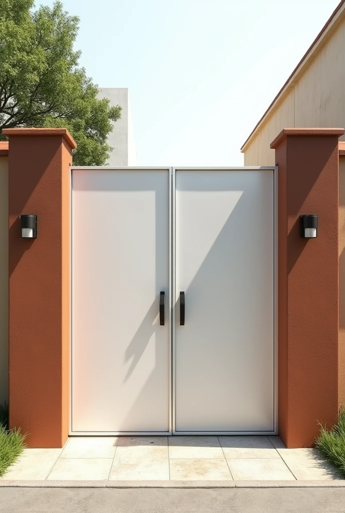 I have a 40-meter linear wall with a metal social gate painted white. (gate all closed, no air passage) and side columns painted in monkey brown, I need examples of designers for the wall, It has a thick roughcast texture painted in sand color, Give me photos of how I can improve the wall to make it more beautiful