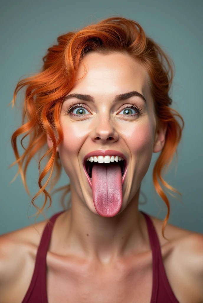 Please create a portrait photo of Scarlett Johansson with bright hair. In the photo, have her sticking her tongue out fully, extending it down toward her chin. The tongue should be stretched out as far as possible, reaching toward her chin for a playful and expressive look.