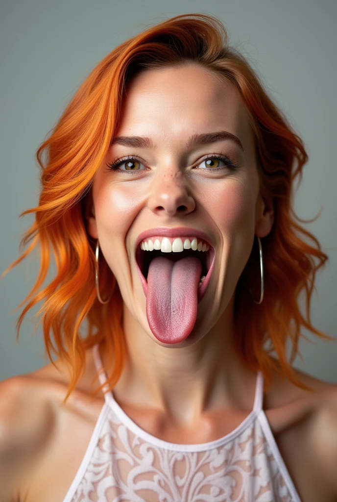 Please create a portrait photo of Scarlett Johansson with bright hair. In the photo, have her sticking her tongue out fully, extending it down toward her chin. The tongue should be stretched out as far as possible, reaching toward her chin for a playful and expressive look.