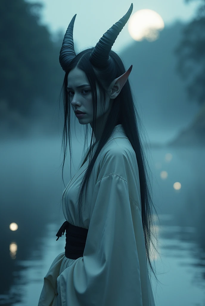 "A sorrowful female oni, with soft, pale blue skin and delicate features, dressed in a tattered, flowing white kimono. Her eyes, filled with sadness, glow faintly in the darkness, and her long, silken hair flows freely down her back. Small, sharp horns peek out from her hair, and her presence is haunting yet gentle. She stands by a serene, moonlit river, surrounded by mist and the faint glow of ghostly will-o'-the-wisps. The atmosphere is melancholic, with a sense of tragic beauty. Cinematic lighting, ethereal, dark fantasy, 8K resolution."