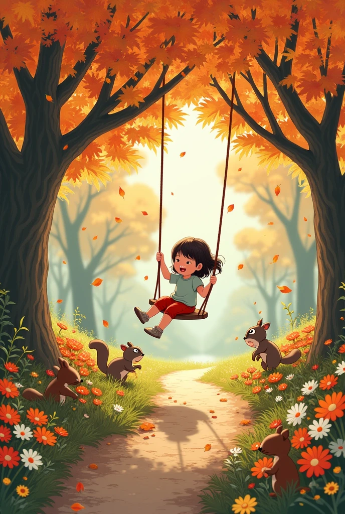 beautiful big garden in autumn leaves flying,A Tree Swing,various animals, squirrel, raccoon,a little brunette on the swing playing, flowers along the dirt road,
high resolution ,width twice as large as height