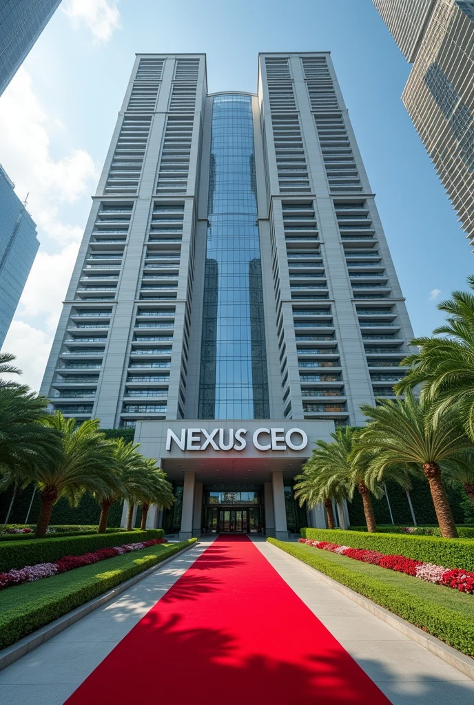 A luxurious, presidential standard company headquarters with the name NEXUS(CEO) on it and red carpet on entrance with Singaporean and America architecture,grass, flowers and on it's own space and compound where is the name NEXUS (CEO) can't see the words I want it more bold and exquisite where are the writing make it long on both left and right give full view and the extension
