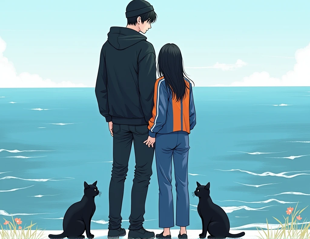A tall adult man with black hair in the kpop idol style, korean traits, White skin y vestido con jeans negros, un gorro negro y un poleron junto a una mujer adulta con korean traits de cabello largo y negro al estilo de una idol de kpop, White skin, dressed in blue trousers and a blue and orange striped jersey. Both standing next to each other looking at the sea next to two black cats manhwa style