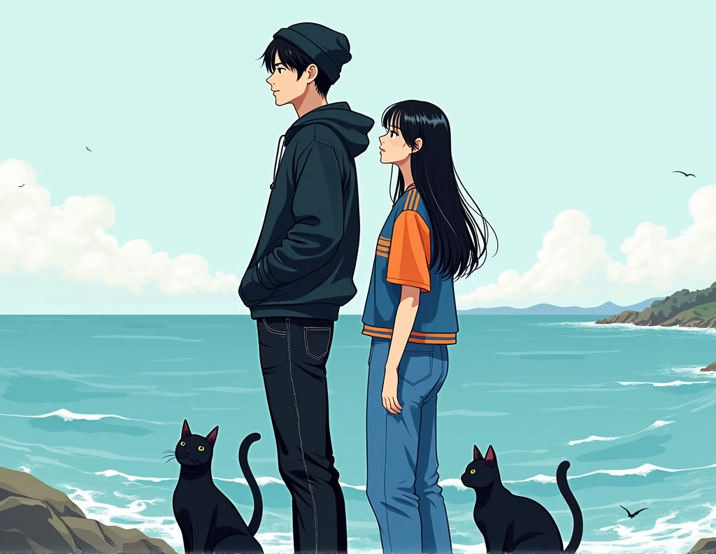 A tall adult man with black hair in the kpop idol style, korean traits, White skin y vestido con jeans negros, un gorro negro  y un poleron junto a una mujer adulta con korean traits de cabello largo y negro al estilo de una idol de kpop, White skin, dressed in blue trousers and a blue and orange striped jersey. Both standing next to each other looking at the sea next to two black cats manhwa style