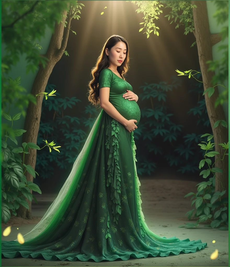 pregnant woman in green dress standing in forest with sunbeams, a photorealistic painting inspired by Kim Du-ryang, trending on cg society, fantasy art, maternal photography 4 k, in green forest, full body pose, full body photoshoot, goddess of the forest, goddess of nature, nature goddess, full body portrait shot, pregnant belly, full body green dress