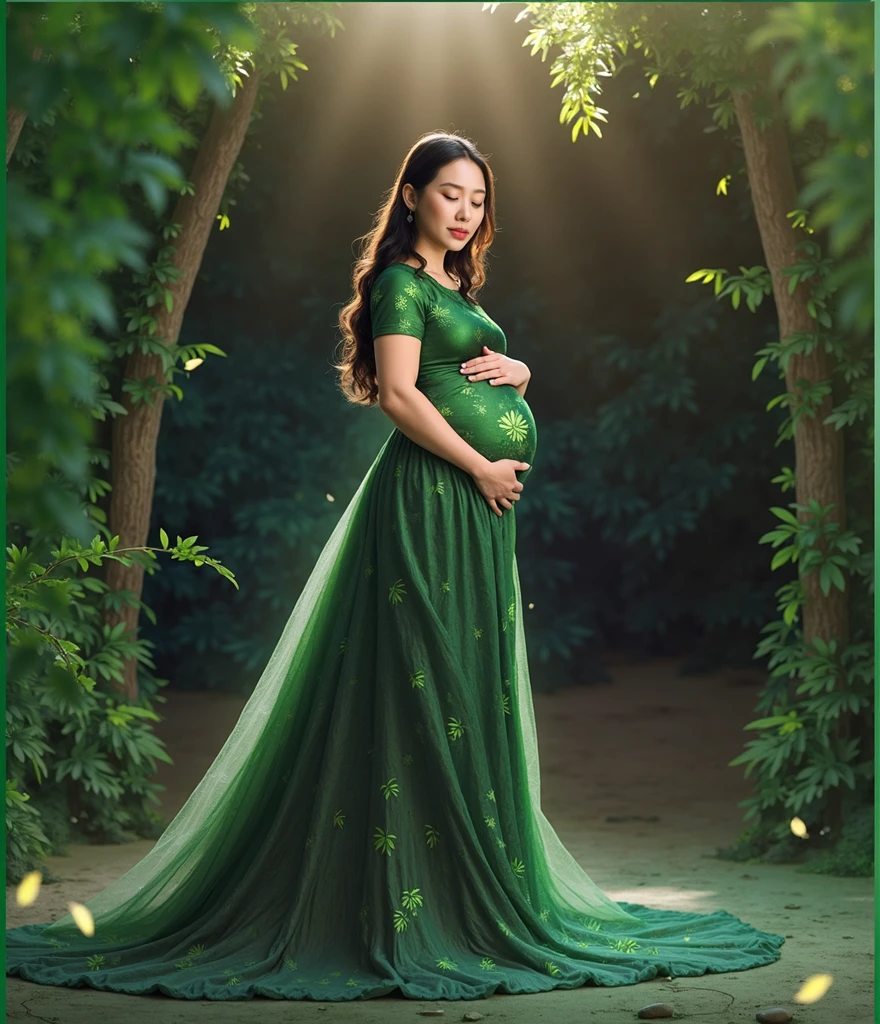 pregnant woman in green dress standing in forest with sunbeams, a photorealistic painting inspired by Kim Du-ryang, trending on cg society, fantasy art, maternal photography 4 k, in green forest, full body pose, full body photoshoot, goddess of the forest, goddess of nature, nature goddess, full body portrait shot, pregnant belly, full body green dress