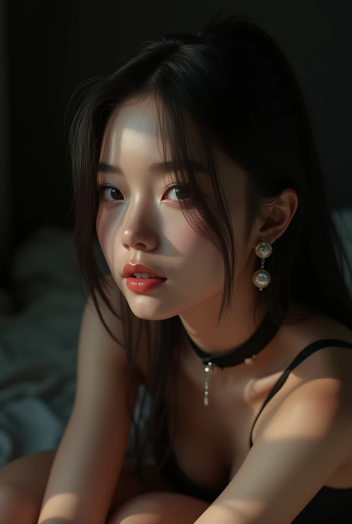 8k, mesa, raw photo, Best Quality, photorealistic, Fondo de pantalla CG Unity 8k altamente detallado, Depth of fields, Professional lighting, ray tracing, (extremely beautiful face, Beautiful lips, pretty eyes), face with intricate details, ((ultra detailed skin)) 1 girl in, deep shadow, Beautiful, ((looking at the viewer)), (seductive smile), (blurred background), (long and sagging breasts:1.5), (super huge breasts:1.5), earrings, wifes, collar, light eyes, black backgrounds, front shot, (Pale skin), look forward, (large eyes), (upper body shot), (camel toe), , (Horse tail), ((seductive smile)),down on my knees, Red suits