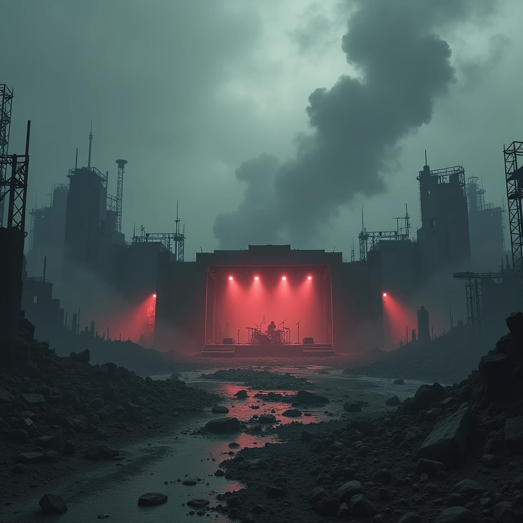 A post-apocalyptic landscape, with ruins of cities and buildings blackened by fire. A dense and oppressive atmosphere, with clouds of smoke and ash covering the sky. In the middle, a concert stage with smashed musical instruments and smoking amplifiers. A wall of sound that seems to shake the earth, with bass that makes the ground shake. The scene evokes the intensity, the energy and destruction that characterize the death metal genre, without having to resort to macabre or occult images The focus of attention and center of the image, It is the stage with all the instruments, electric guitars, low, drums and amplifiers, It should be in the center or middle of the image and quite close to the screen, that can be seen clearly and that there are no people in the image

