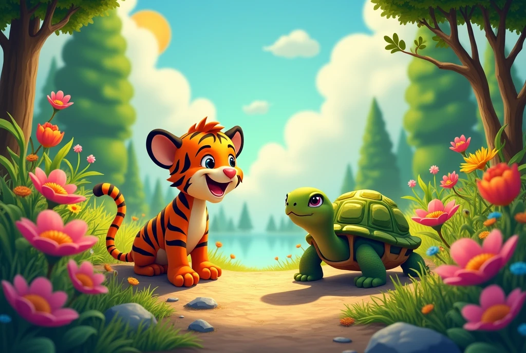 bottom: In the center a space to place a short text, Around Tito followed the path of colorful flowers and found a turtle that was walking slowly. "Do you know where the shining river is??" Tito asked. The turtle smiled and said: "Follow the path of smooth stones, will take you there!". The background should show green trees, Bright plants and flowers in various colors. in the sky, There may be some soft clouds and a friendly sun shining.
Main character: Tito the Tiger, a small and cheerful tiger with orange and black stripes. Tito must have a curious and excited expression, with a wide smile.
