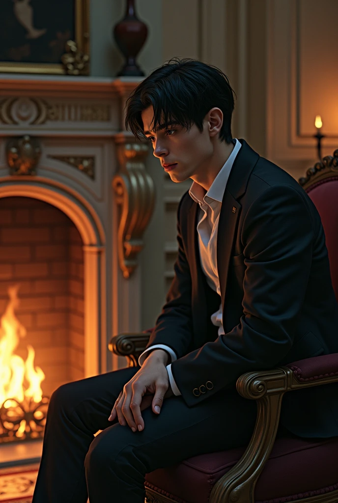 Generate a realistic image with the following description, He is sitting on the Victorian piece of furniture inside his office., looking at the fireplace: Aleen is a young white-skinned man, with deep brown eyes that reveal a mix of sadness and determination. her hair is black, contrasting with her pale complexion. His physique reflects the discipline of a life marked by duty., Although his face bears the emotional scars of a past full of darkness and responsibility.