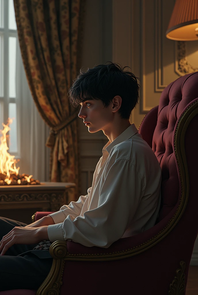 Generate a realistic image with the following description, He is sitting on the Victorian piece of furniture inside his office., looking at the fireplace: Aleen is a young white-skinned man, with deep brown eyes that reveal a mix of sadness and determination. her hair is black, contrasting with her pale complexion. His physique reflects the discipline of a life marked by duty., Although his face bears the emotional scars of a past full of darkness and responsibility.