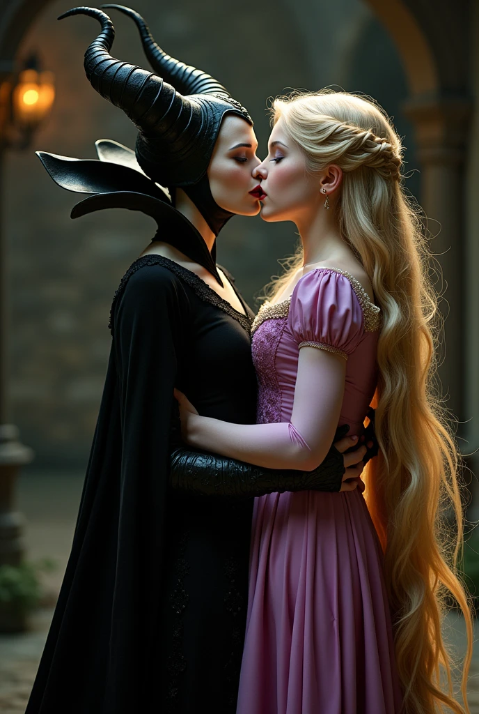 Maleficent is stunning and beautiful she is not quite human, dark red lipstick, she has a powerful feminine figure full of sexual energy and attraction, she is kissing a young and beautiful Rapunzel who is the epitome of innocence, Rapunzel has long blonde hair that goes down to her feet, Rapunzel is short, and yearning to be kissed, Maleficent is overpowering her, clutching her neck, fondling her breasts,