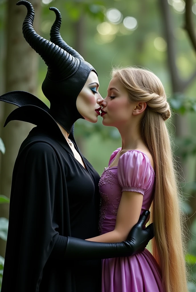 Maleficent is stunning and beautiful she is not quite human, dark red lipstick, she has a powerful feminine figure full of sexual energy and attraction, she is kissing a young and beautiful Rapunzel who is the epitome of innocence, Rapunzel has long blonde hair that goes down to her feet, Rapunzel is short, and yearning to be kissed, Maleficent is overpowering her, clutching her neck, fondling her breasts,