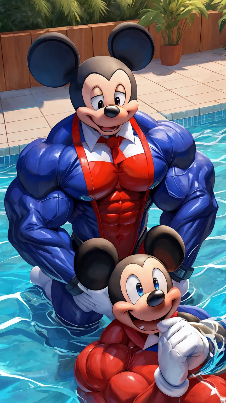 Highest quality,8k,professional art,t0p0m1k1,Mickey Mouse,Imminent sexual activity,Huge erect penis,Huge muscles,Poolside,Crying face,Lots of drool,Rockman EXE patterned suit,Devil&#39;s Wings,Demon body and tail,