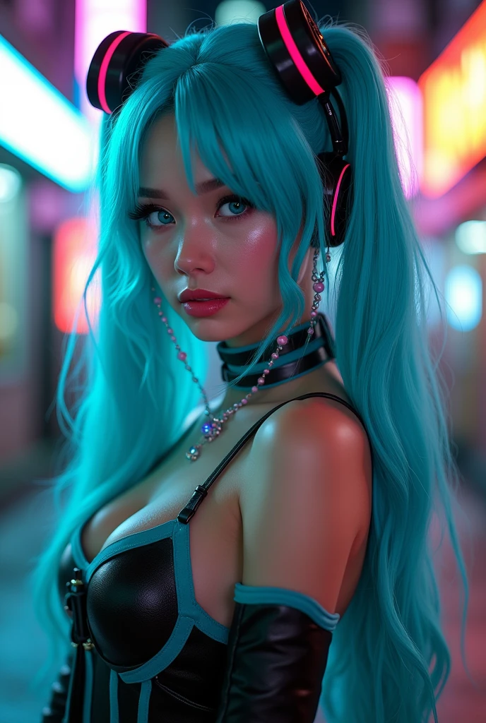 (La Best Quality,A high resolution,Ultra - detailed,actual),Ariana Grande, chica Anime cosplay, Anime cosplay, (Hatsune MikuCosplay:1.4) , cosplay photo, two white tails_gloves, cosplay, cute anime waifu with a nice dress, anime girl with long hair, anime goddess, elegant and glamorous cosplay, anime girl dressed as a maidMore detailed 8K.unreal engine:1.4,UHD,La Best Quality:1.4, photorealistic:1.4, skin texture:1.4, masterpiece:1.8,first work, Best Quality,object object], (detailed face features:1.3),(The correct proportions),(Beautiful blue eyes:1.4 ),  (cowboy pose), ,( cyberpunk 2.1), (kawaii costumes :1.4), (fingers detailed :1.4), (Perfect anatomy), (tokyo night alley background:1.4) 