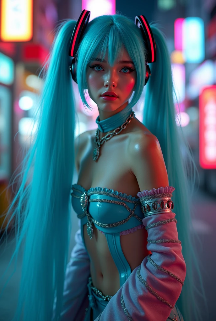 (La Best Quality,A high resolution,Ultra - detailed,actual),Ariana Grande, chica Anime cosplay, Anime cosplay, (Hatsune MikuCosplay:1.4) , cosplay photo, two white tails_gloves, cosplay, cute anime waifu with a nice dress, anime girl with long hair, anime goddess, elegant and glamorous cosplay, anime girl dressed as a maidMore detailed 8K.unreal engine:1.4,UHD,La Best Quality:1.4, photorealistic:1.4, skin texture:1.4, masterpiece:1.8,first work, Best Quality,object object], (detailed face features:1.3),(The correct proportions),(Beautiful blue eyes:1.4 ),  (cowboy pose), ,( cyberpunk 2.1), (kawaii costumes :1.4), (fingers detailed :1.4), (Perfect ???????), (tokyo night alley background:1.4) 