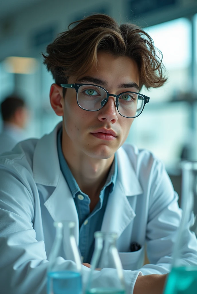 Young man brown green eyes with white lab coat and test tubes also clear glasses 