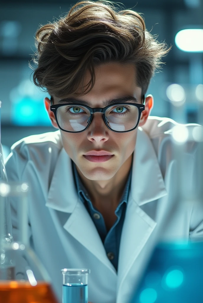 Young man brown green eyes with white lab coat and test tubes also clear glasses 