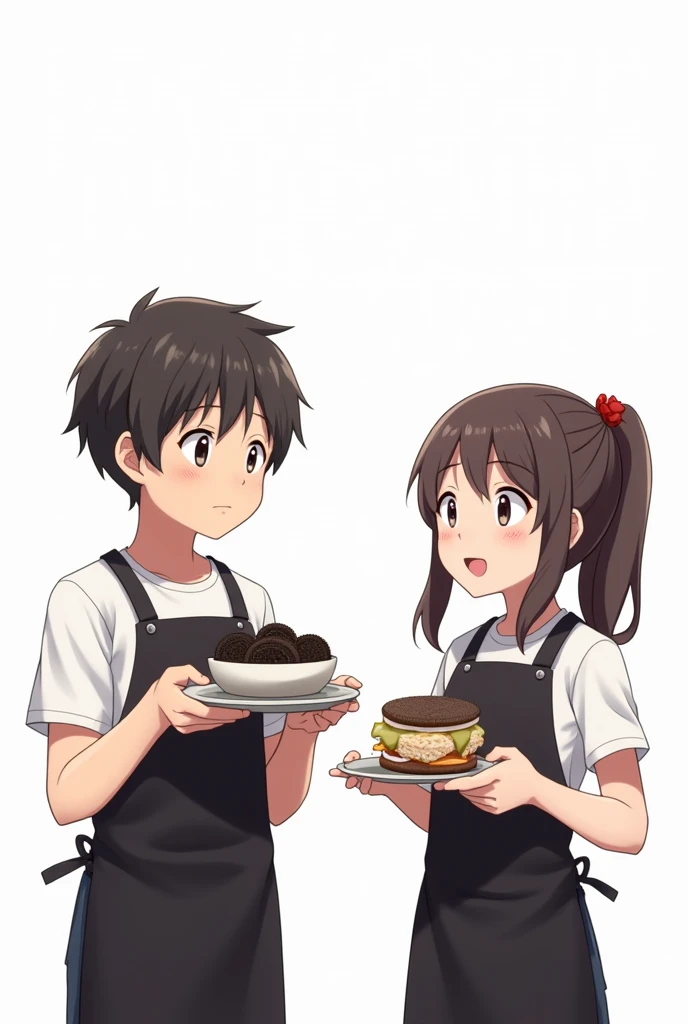 Boy in black apron holding a plate with oreo cream in a bowl and a Girl in black apron holding a plate with oreo sandwich anime White background 