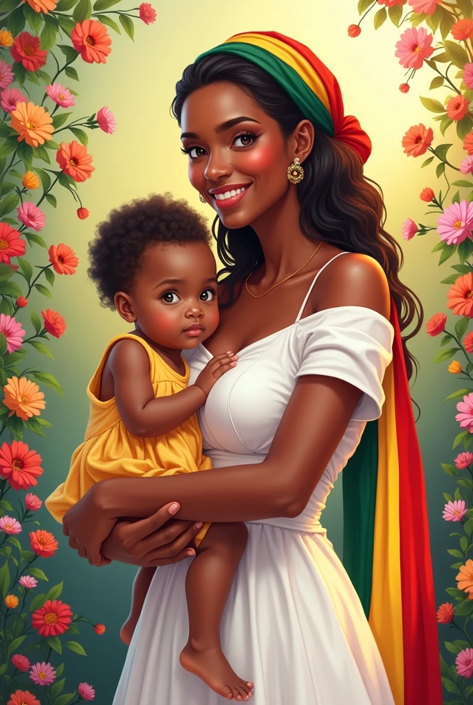 Postcard on an International Mother's Day, beautiful colours, nice picture of a Mother and her kid, flowers in background.she wearing a beautiful white dress with a strip of Ethiopian flag.her skin is less darker