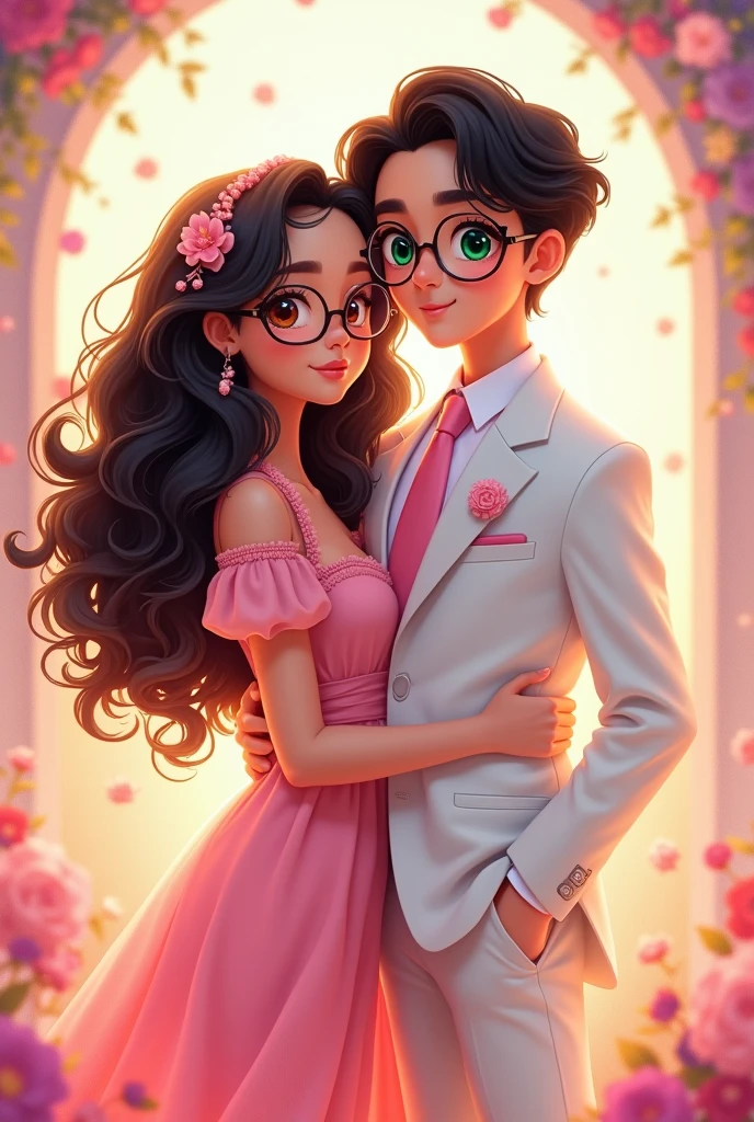 um casal, a has long 3B curly hair and brown eyes, and wears glasses she wears a pink dress with puffy sleeves. He wears a white suit with a pink tie, he has very sparkling green eyes and he has black hair. they're young. drawning