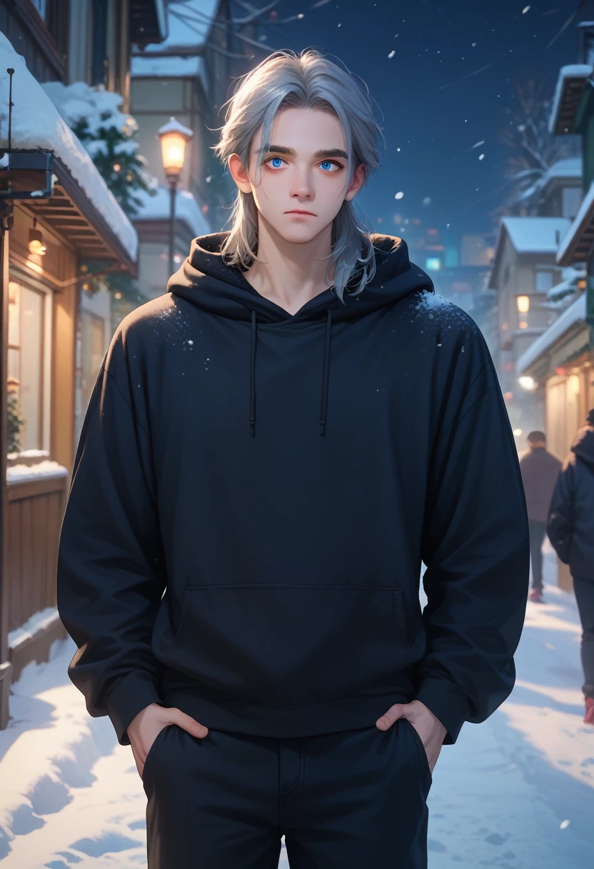 A young man with gray hair, mullet, blue eyes, black hoodie and long pants turned his back in the middle of a snowy city at night.