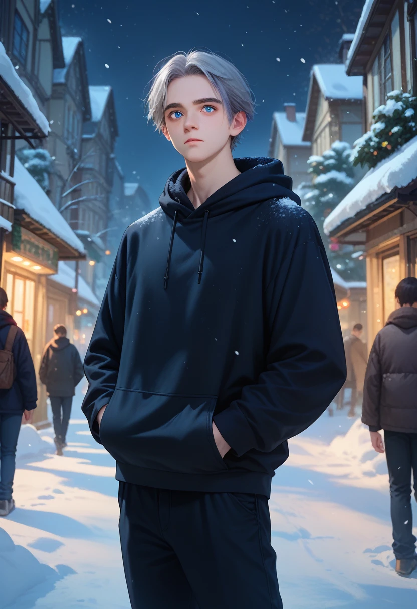 A young man with gray hair, mullet, blue eyes, black hoodie and long pants turned his back in the middle of a snowy city at night.