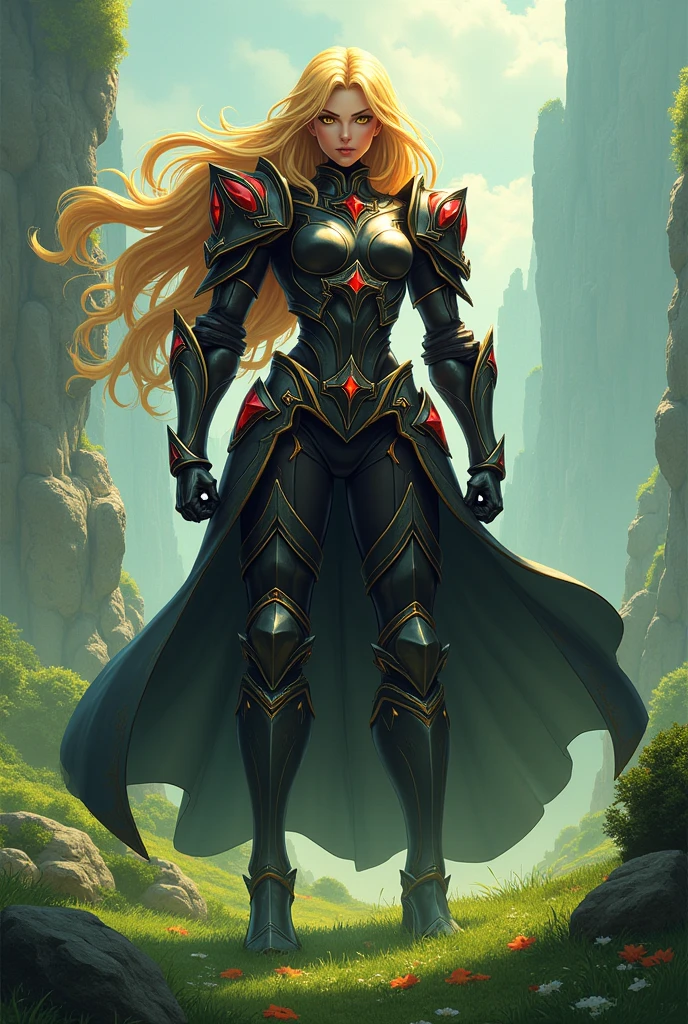 (1girl), wearing a heavy knight armor, dark armor, intricate red and gold armor details, intricate beautiful green fields, legendary, futuristic, saint seiya, long goldblonde hair, muscular, power pose, highly detailed background, fire in the eyes, aura power, highly detailed