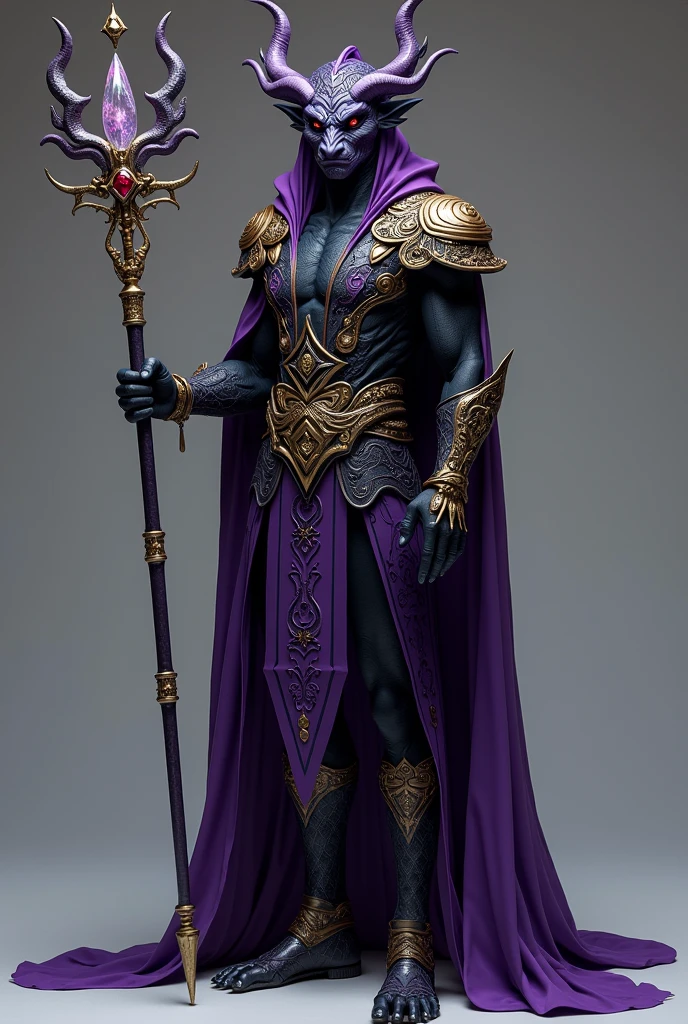 Void, the God of the Supernatural and Guardian of the Unknown, wears an imposing outfit that reflects his mastery over mystery and the unknown. His clothing consists of a long, flowing tunic, made of an ethereal fabric that appears to change hue depending on the light, ranging from shades of deep violet to cosmic black.
The upper part of the tunic has intricate details, with intertwined patterns reminiscent of moving constellations. At the front, The tunic is dated with elaborate clasps, displaying carved arcane symbols, while in the back, It extends into a long tail that flows gracefully behind Void..
Its long sleeves are adorned with patterns reminiscent of ancient runes., and they widen subtly towards the wrists, creating a majestic aura. Sculpted dragon claw shoulder pads accentuate his powerful figure.
Void wears tight pants, decorated with abstract patterns that echo the designs on his tunic. Your shoes, a mix of boots and sandals, are made of an iridescent material that resembles scales, perfectly matching his draconic nature.
in the head, he wears a unique crown, intertwined with filigrees that resemble dancing flames. About your horns, delicate ethereal jewels float, emitting a subtle glow. In your hand, a staff adorned with mystical crystals complements his divine presence.
The predominant colors in his clothing are dark violet., the cosmic black, the shining gold and the ethereal silver, criando uma combinação celestial que destaca sua posição como the God of the Supernatural and Guardian of the Unknown.