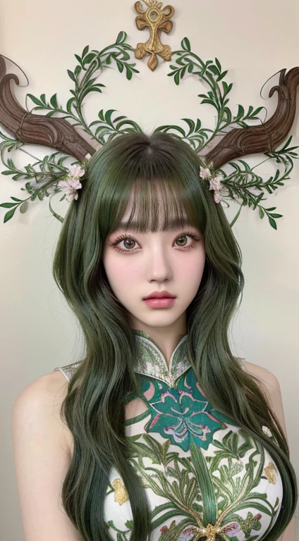 un dibujo de una mujer con cabello verde y cabeza de venado, anime coreano art nouveau, hermoso arte anime style, Anime Art Nouveau, Chica anime con cabello verde azulado, hermoso arte animework, arte digital en pixiv, ilustración animada, hermoso arte anime, estética anime, alma del bosque, arte de anime detallado, arte de anime digital detallado, humanoid flora, ilustración de fantasía de anime Físico : el abdomen más pequeño jamás visto, jisoo from blackpink, popular south korean makeup, quality detailed ,(beautiful makeup :1.2), Wide hips, big, big ass, (best quality, 8K, masterpiece: 1.3), Clear focus: 1.2, Perfect body beauty: 1.4, strong abs, Very detailed face and skin texture. , detailed eyes, double eyelids, (long hair), having very marked curves, with greater volume in ((hips and breasts)), which makes the waist look much smaller ((wasp waist))