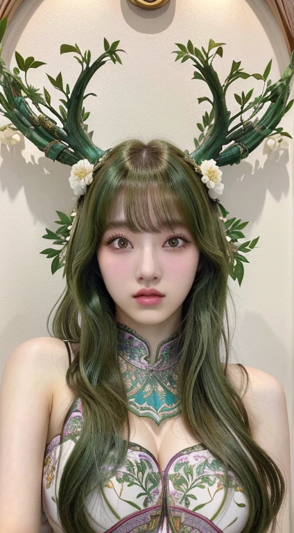 un dibujo de una mujer con cabello verde y cabeza de venado, anime coreano art nouveau, hermoso arte anime style, Anime Art Nouveau, Chica anime con cabello verde azulado, hermoso arte animework, arte digital en pixiv, ilustración animada, hermoso arte anime, estética anime, alma del bosque, arte de anime detallado, arte de anime digital detallado, humanoid flora, ilustración de fantasía de anime Físico : el abdomen más pequeño jamás visto, jisoo from blackpink, popular south korean makeup, quality detailed ,(beautiful makeup :1.2), Wide hips, big, big ass, (best quality, 8K, masterpiece: 1.3), Clear focus: 1.2, Perfect body beauty: 1.4, strong abs, Very detailed face and skin texture. , detailed eyes, double eyelids, (long hair), having very marked curves, with greater volume in ((hips and breasts)), which makes the waist look much smaller ((wasp waist))