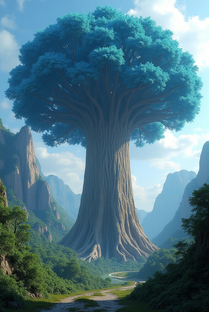 (giant tree, pre-flood, Prehistoric, bigger than mountains, 5km tall tree with a canopy of giant blue leaves, Full HD, 4K, PICTURE REALISTIC, real-life, in the middle of the mountains, hot tropical climate