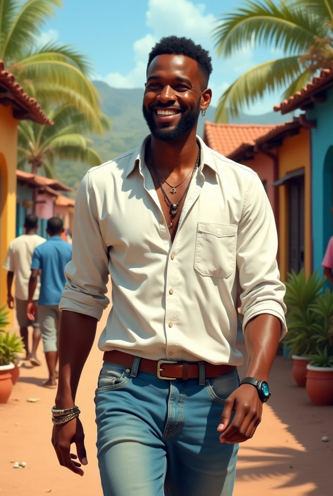 Black man. Brown skin. Smiling. Dressed in white shirt and jeans. Walking in the streets of an African village. Ultra high quality