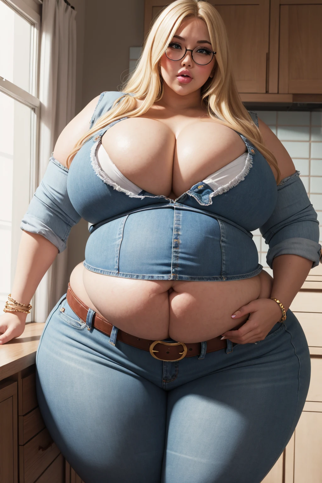 1 girl, long blonde hair, glasses, painted lips, thick lips, wide hips, thick thighs, huge ass, bimbo face , enormous huge natural breasts, cleavage,jeans, belt, hanging breasts, ahegao face, hot, sweating, Milf, (puffy lips:1.3), (huge thighs:1.4), bbw, chubby, chunky, extra curvy body, extra heavy, kitchen, huge body, sitting in front of me, huge belly bulge, bracelets
