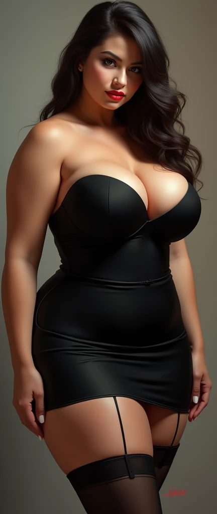WOMAN WITH LARGE BREASTS, big thighs, black stockings, black dress