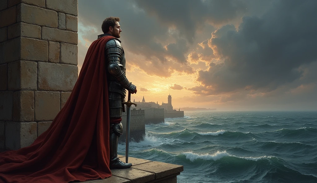 A dramatic painting of Edward III standing resolutely on a stone balcony overlooking a stormy harbor. The scene is bathed in the somber hues of a twilight sky, where dark clouds gather, and the first stars begin to pierce through the darkness. The distant coastline of France is faintly visible across the choppy, silver-blue waters of the English Channel. Edward III's figure is clad in royal armor, with a rich, dark cloak billowing behind him in the sea breeze. His right hand grips the hilt of a sword, held firmly at his side, while his left hand rests on the balcony’s edge, fingers curling with determination. His gaze is intense, fixed on the horizon as if seeing beyond the physical realm into the future he seeks to claim. The atmosphere is thick with tension and ambition, illuminated by the golden glow of a setting sun that casts long shadows, emphasizing the weight of his decisions. The style captures the detailed realism and dramatic lighting reminiscent of Edmund Blair Leighton, im, Surrealism, Hyperrealism, UHD, retina, masterpiece, accurate, anatomically correct, textured skin, super detail, 16k