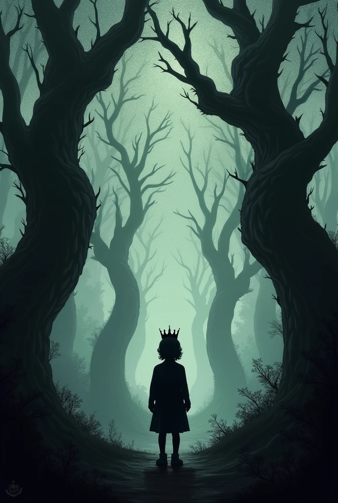 book cover, with tall and scary trees, shades of gray and green, in the center the silhouette of a child with a crown.