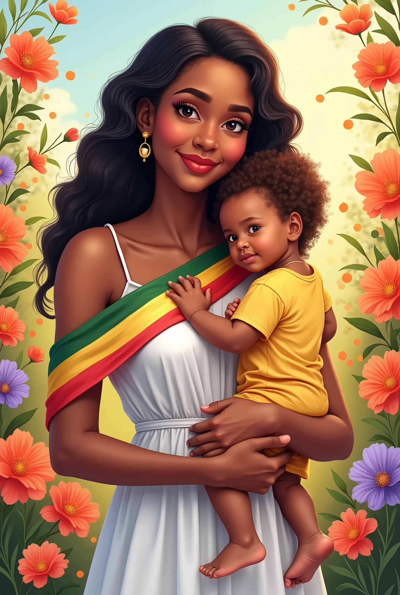 Postcard on an International Mother's Day, beautiful colours, nice picture of a Mother and her kid, flowers in background.she wearing a beautiful white dress with a strip of Ethiopian flag.her skin is less darker