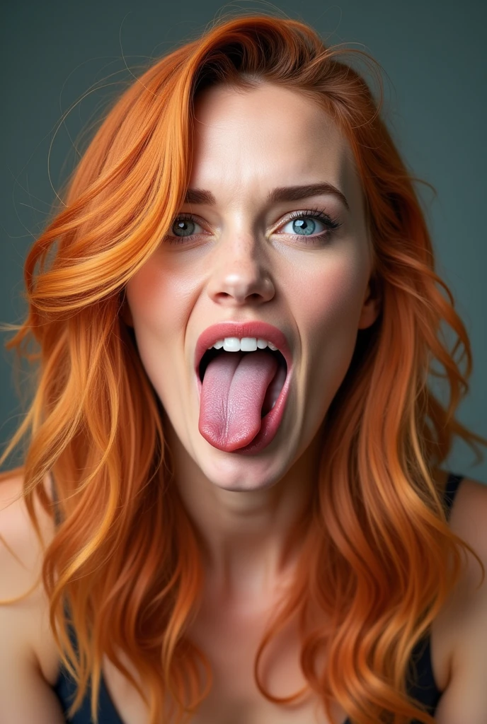 Please create a portrait photo of Scarlett Johansson with bright hair. In the photo, have her sticking her tongue out fully, extending it down toward her chin. The tongue should be stretched out as far as possible, reaching toward her chin for a playful and expressive look.