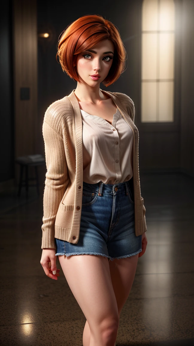 A girl with reddish hair, bobcut hairstyle, full body shot, detailed eyes and face, beautiful detailed lips, extremely detailed eyes and face, longeyelashes, intricate hairstyle, cinematic lighting, dramatic contrast, hyper-realistic, 8k, best quality, (photorealistic:1.37), (masterpiece:1.2), ultra-detailed, digital art, portrait, headshot, cinematic style, cardigan, bare legs