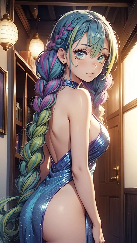 Beautiful sexy girl in a sexy blue-silver blue-lavender sequined party dress, brillante, elegante, big ass,MitsuriKanroji, Mitsuri Kanroji, braid, faded hair, (amaeyes, green hair, long hair, topo,  mole under the eye, multicolored hair, pink hair, braids gemelas, Cabello bitono,
, looking at the viewer,
 (Masterpiece), The best quality, High resolution, Unity 8K Wallpaper, (illustration), (Beautiful detailed eyes), extremely detailed face, Perfect lighting, Extremely detailed CG, (perfect hands, perfect anatomy),