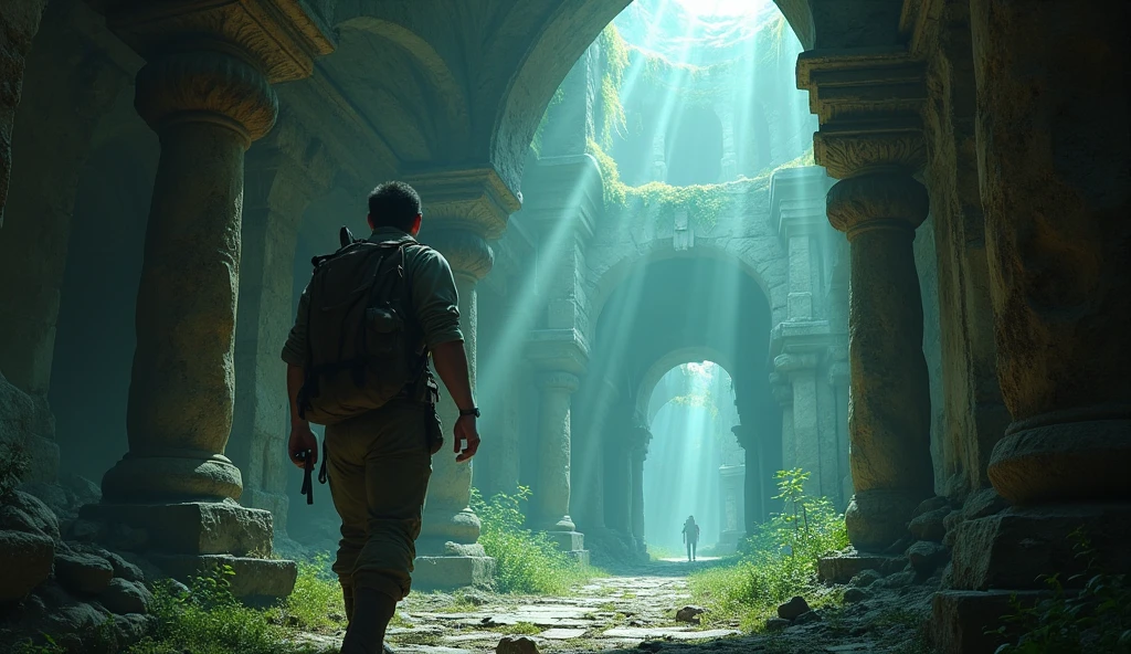 (best quality, masterpiece, ultra detailed), place: Ancient ruins video: A scene in which the protagonist explores ancient ruins。A mysterious light shines into the ruins.、Fantastic atmosphere。Close-up of the main character