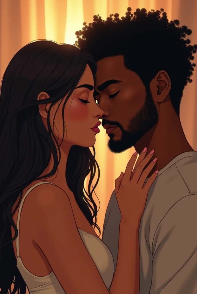 um casal, a white woman with long hair, and a black man with a goatee and thin mustache. They are young