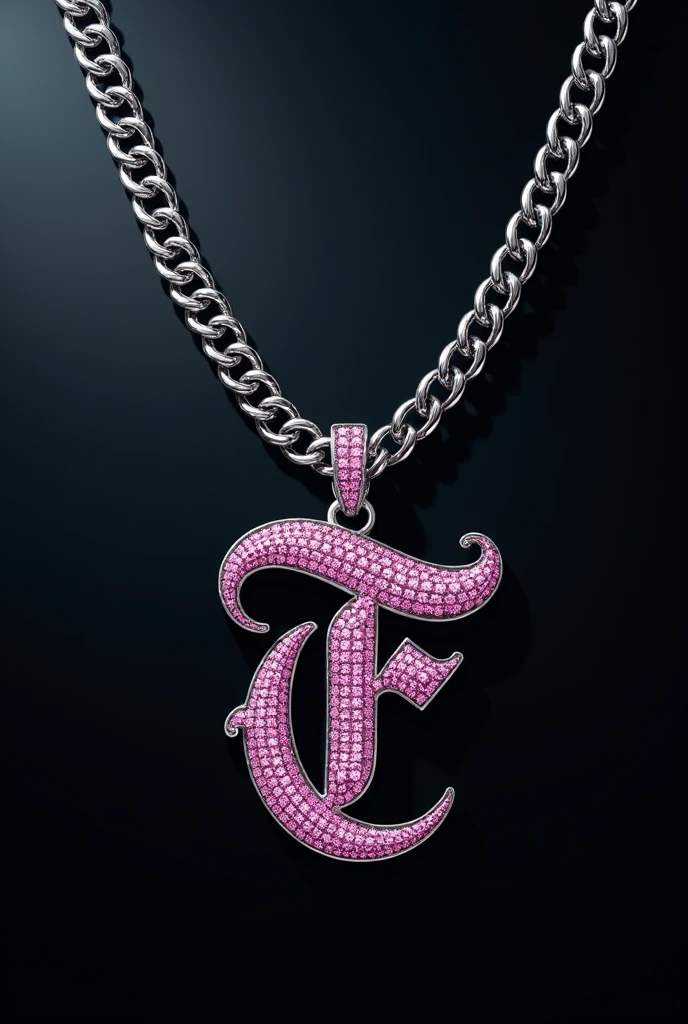 Une grosse chaîne en argent totalement sertie de diamant rose avec pour médaille le chiffre 7 et la lette F coller dos à dos totalement sertie de diamant rose écrit avec un caractère effrayant