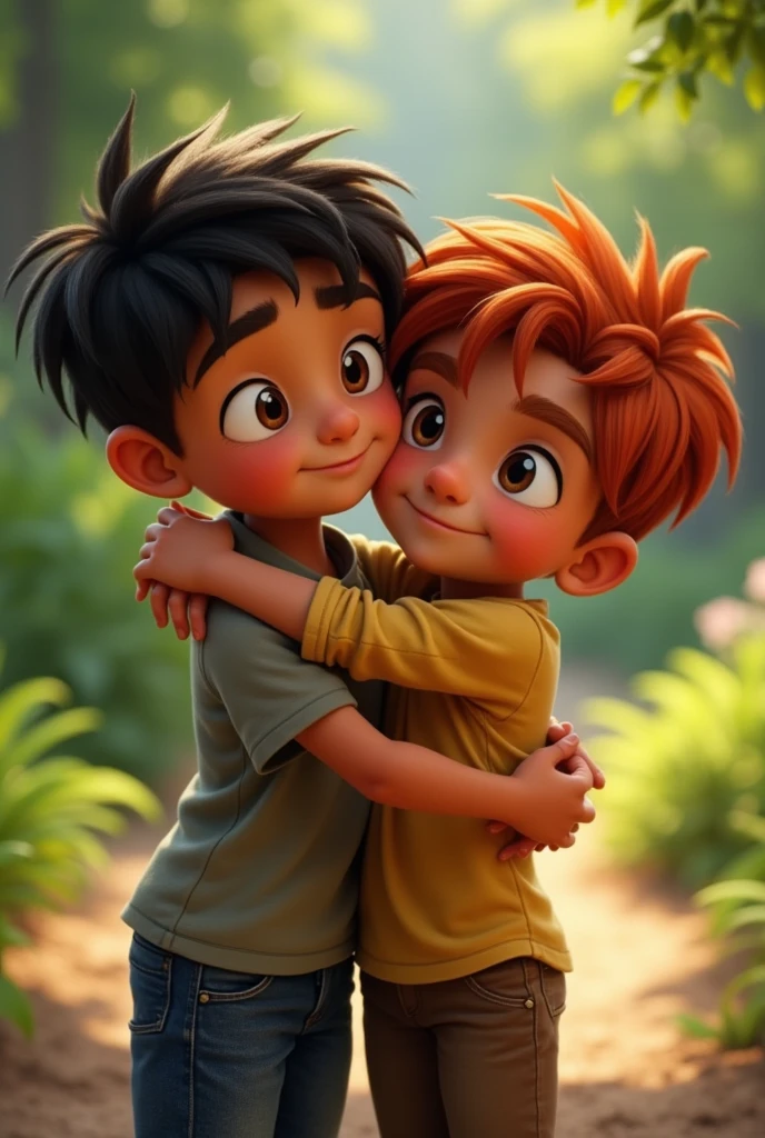 make a realistic image of young Fabricio and Lorenzo hugging each other , Fabricio has tanned skin, straight hair and light eyes, while Lorenzo is red-haired with dark eyes, prompt