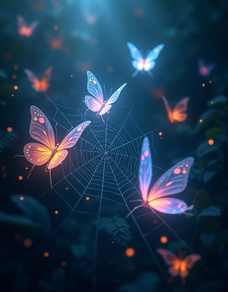 butterflies are flying around a spider web in the dark, 🌺 cgsociety, glowing butterflies, butterflies and sunrays, by Mike Winkelmann, beautiful gorgeous digital art, by Marie Bashkirtseff, full of glass. cgsociety, fairy cgsociety, butterfly lighting, by Cyril Rolando, very beautiful digital art, butterfly, beautiful digital art, beautiful!!! digital art