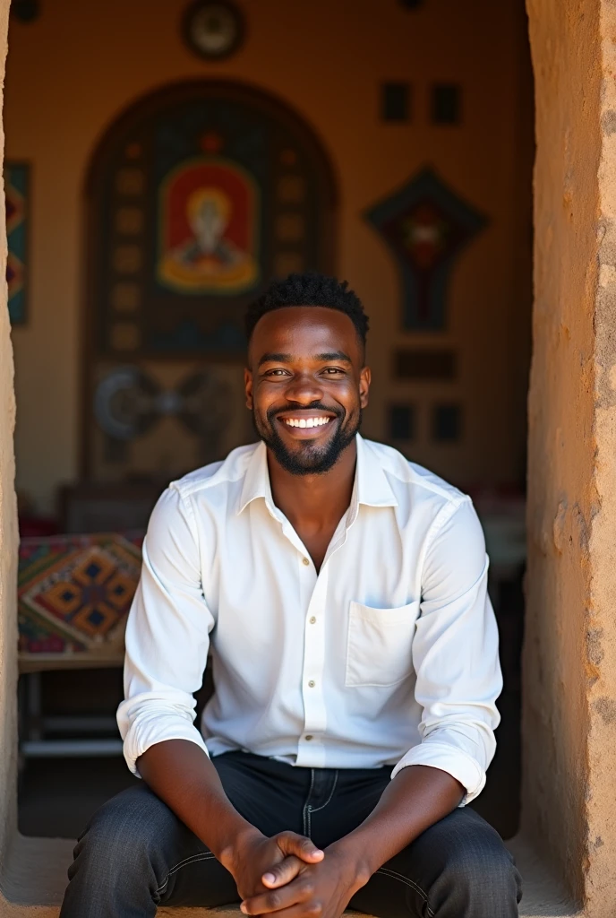 Black man. Brown skin. Smiling. Dressed in white shirt and  black jeans. Sitting in an African village styled home. Ultra high quality
