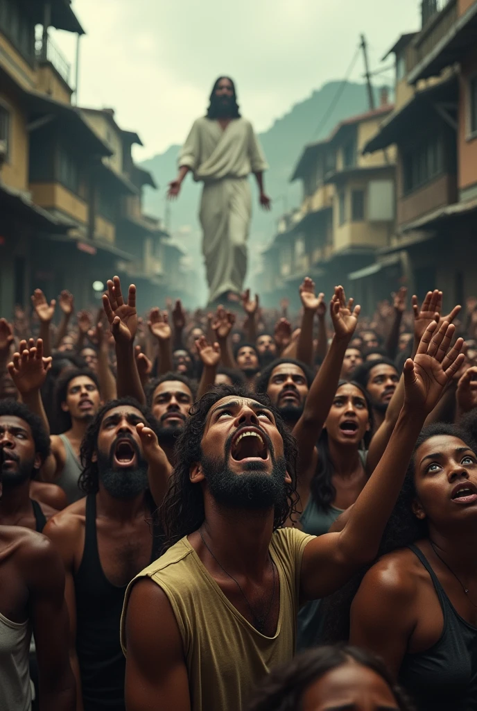 Crowd of people, with hands together, praying and looking at the sky, light of hope, asking for help, image of Jesus, for a better life, place, favela, realistic, cinematic